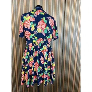 Vintage-Style Navy Floral Summer Dress,Coral Rose Print Short Sleeve Tea Length